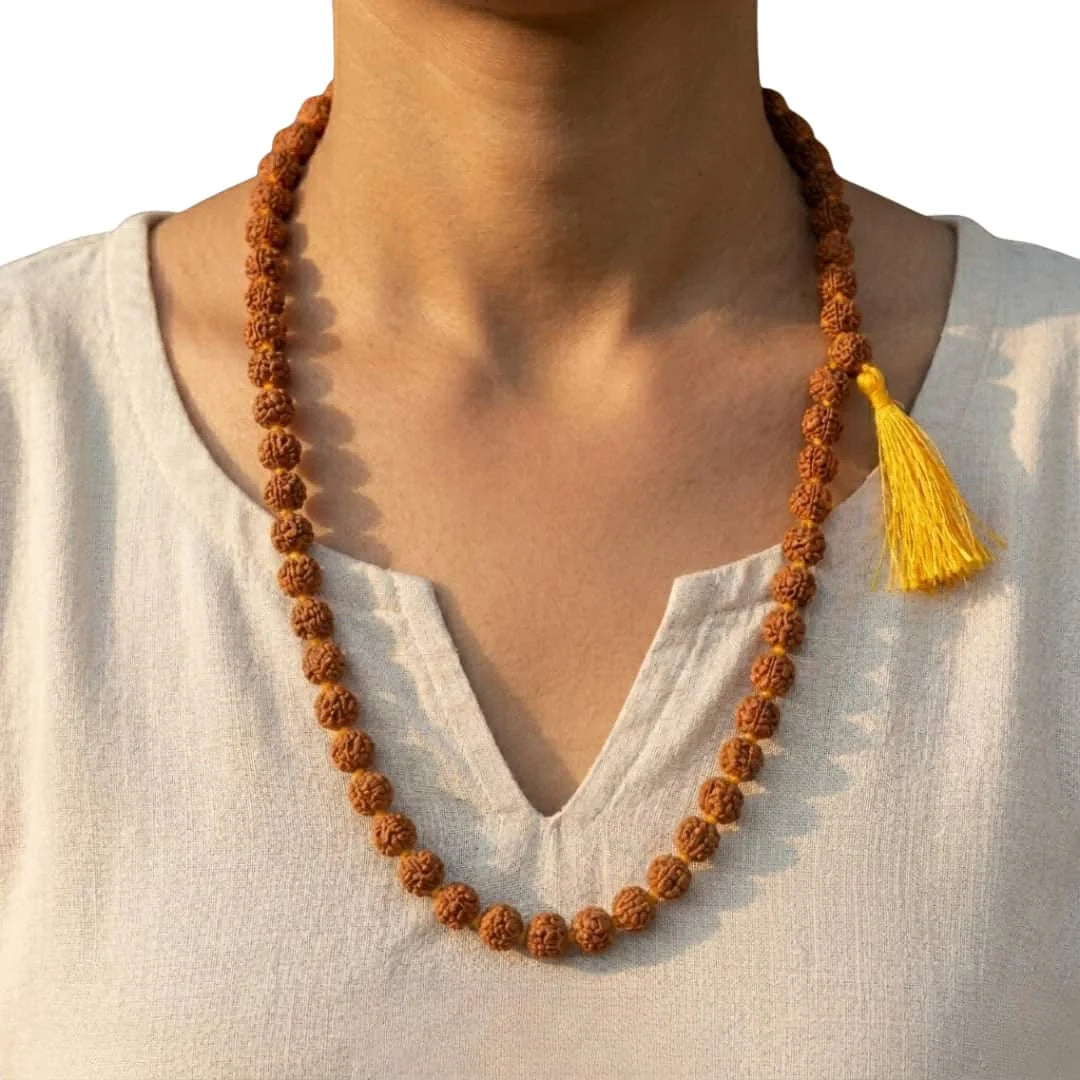 Closeup of Rudraksha Mala 108 Beads on Neck