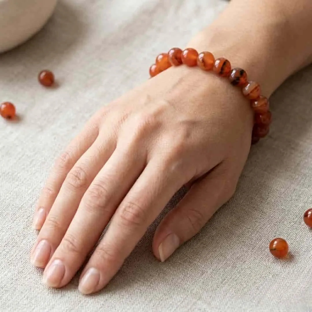 Natural 8mm carnelian bracelet on wrist