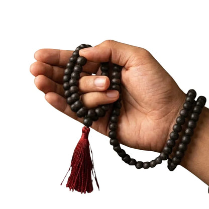 Closeup of Karungali Mala 108+1 Beads on Neck
